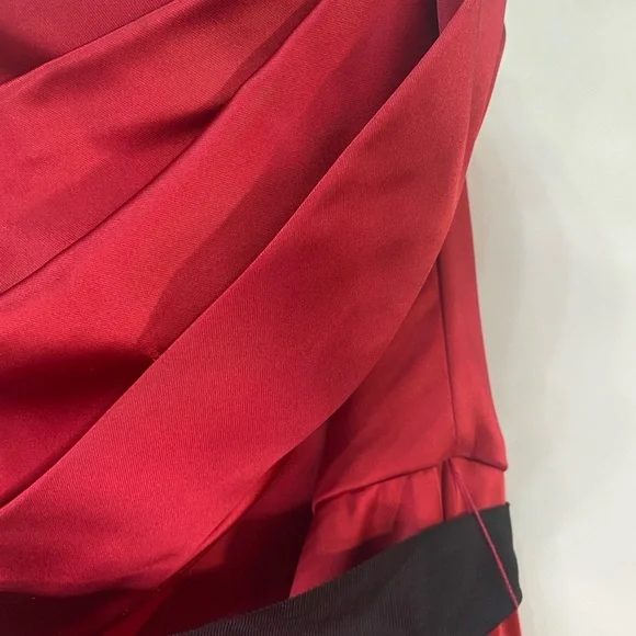 Strapless Red Party Prom Dress Sz 6 Black Sash Short Sexy Pleated Bodice 7” Slit - Picture 4 of 11